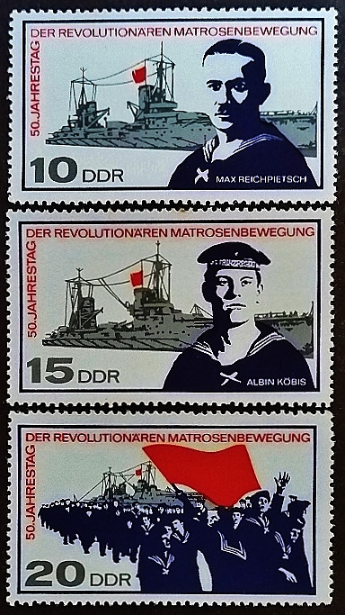 Набор марок (3 шт.). "50-летие революционного матросского движения". 1967 год, ГДР.