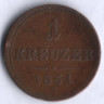 Монета 1 крейцер. 1851(В) год, Австрийская империя.