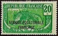 Марка почтовая (20 c.). "Леопард «AFRIQUE EQUATORIALE FRANCAISE»". 1926 год, Среднее Конго.