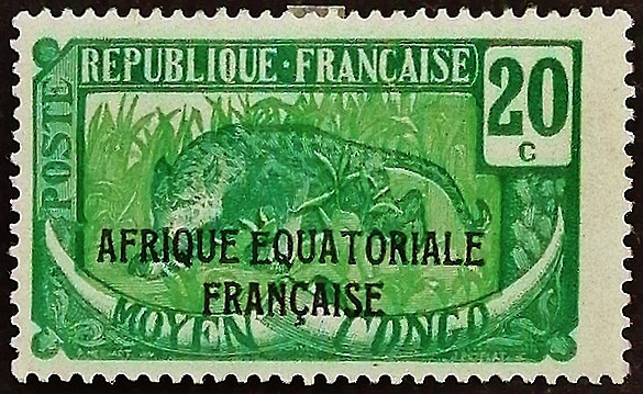 Марка почтовая (20 c.). "Леопард «AFRIQUE EQUATORIALE FRANCAISE»". 1926 год, Среднее Конго.