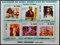 Сцепка марок (5 шт.) с блоком. "Картины Поля Сезанна". 2009 год, Сан-Томе и Принсипи.