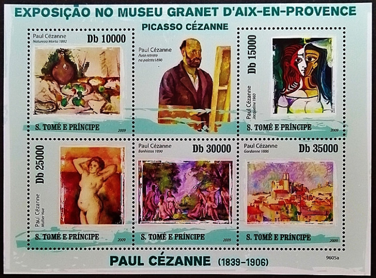 Сцепка марок (5 шт.) с блоком. "Картины Поля Сезанна". 2009 год, Сан-Томе и Принсипи. Сцепка марок (5 шт.) с блоком. "Картины Поля Сезанна". 2009 год, Сан-Томе и Принсипи.