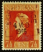 Почтовая марка (7⅟₂ c.). "Королева Вильгельмина ("Освобождение")". 1944 год, Нидерланды.