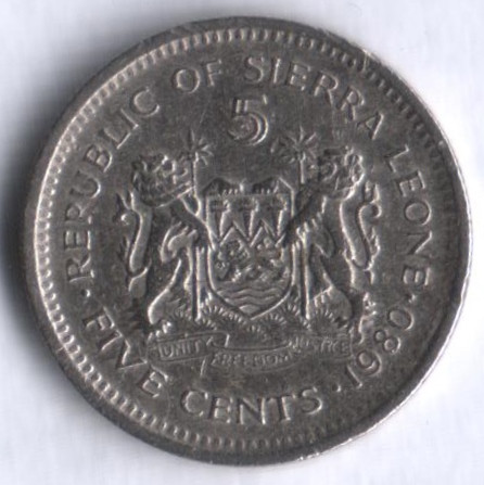 Монета 5 центов. 1980 год, Сьерра-Леоне.