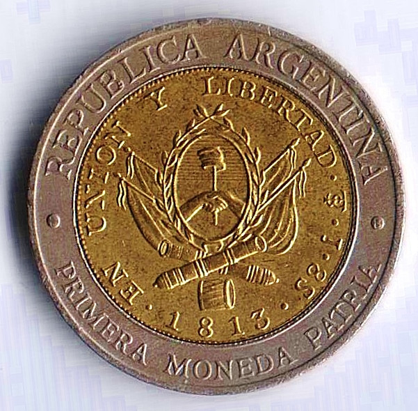 Монета 1 песо. 1995 год "В", Аргентина. Дизайн первой аргентинской монеты. Тип 1.