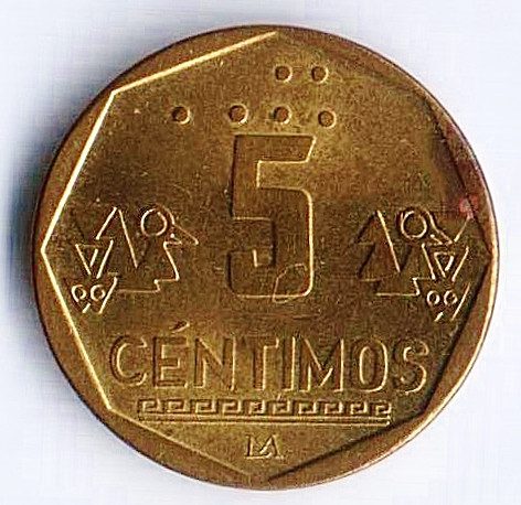 Монета 5 сентимо. 2000 год, Перу.