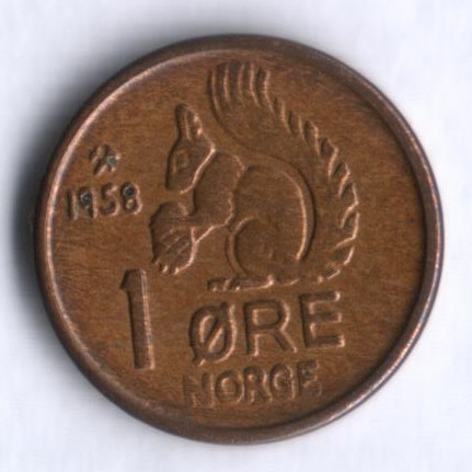 Монета 1 эре. 1958 год, Норвегия.