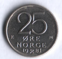 Монета 25 эре. 1981 год, Норвегия.