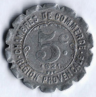 Токен 5 сантимов. 1921 год, Торговые палаты региона Прованс (Франция).