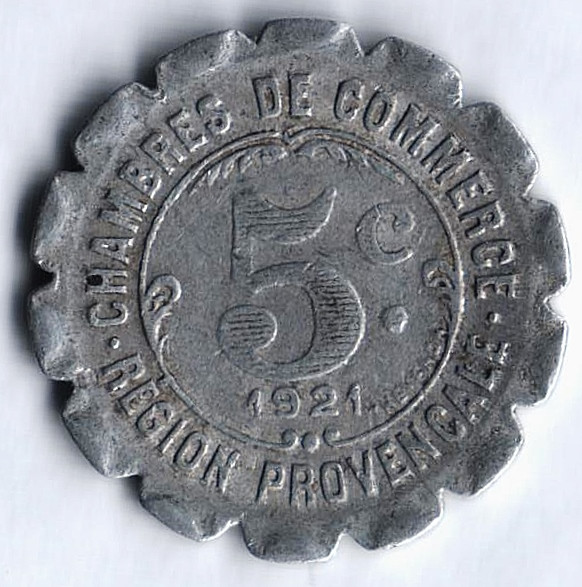 Токен 5 сантимов. 1921 год, Торговые палаты региона Прованс (Франция).