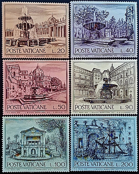 Набор марок (6 шт.). "Фонтаны". 1975 год, Ватикан. Набор марок (6 шт.). "Фонтаны". 1975 год, Ватикан.
