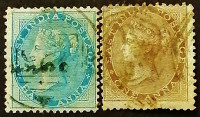 Набор почтовых марок (2 шт.). "Королева Виктория". 1865 год, Британская Индия.