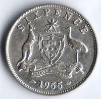 Монета 6 пенсов. 1955(m) год, Австралия.