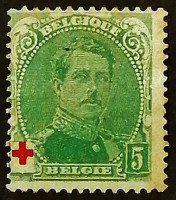 Марка почтовая (5 c.). "Король Альберт I (Красный крест)". 1914 год, Бельгия.