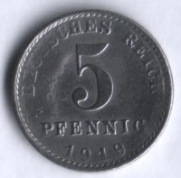 Монета 5 пфеннигов. 1919 год (A), Германская империя.