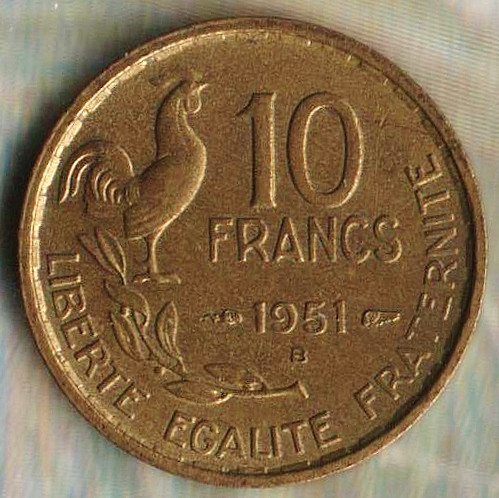 Монета 10 франков. 1951(B) год, Франция.