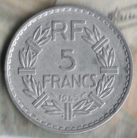 Монета 5 франков. 1945 год, Франция. "9"- открытая.