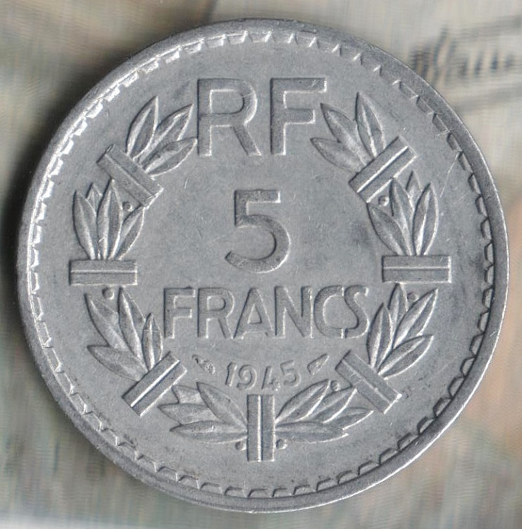 Монета 5 франков. 1945 год, Франция. "9"- открытая.
