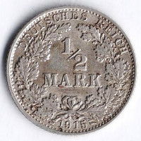 Монета 1/2 марки. 1915 год (G), Германская империя.