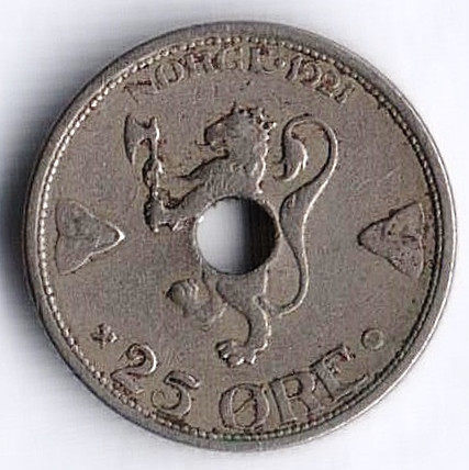 Монета 25 эре. 1921 год, Норвегия.