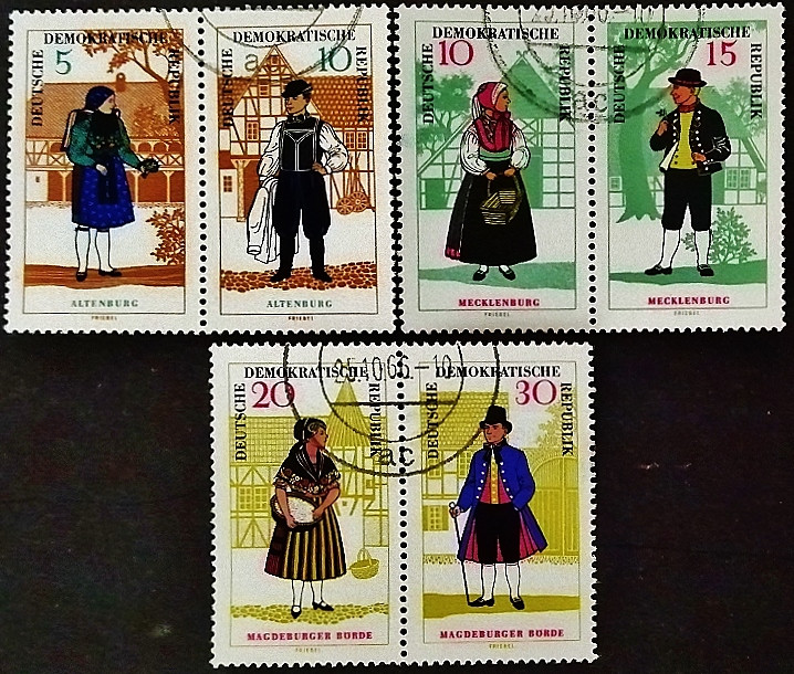 Набор почтовых марок (6 шт.). "Костюмы". 1966 год, ГДР.