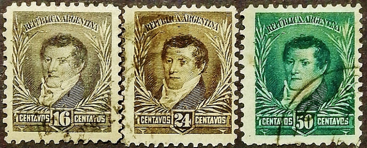 Набор почтовых марок (3 шт.). "Мануэль Бельграно". 1892 год, Аргентина.