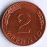 Монета 2 пфеннига. 1980(D) год, ФРГ.