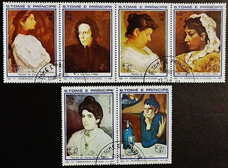 Набор почтовых марок (6 шт.) с блоком. "Картины Пабло Пикассо". 1982 год, Сан-Томе и Принсипи.