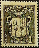 Марка почтовая (1 c.). "Государственный герб". 1937 год, Андорра (французская администрация).