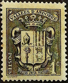 Марка почтовая (1 c.). "Государственный герб". 1937 год, Андорра (французская администрация).