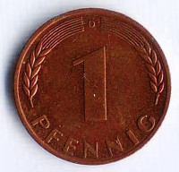 Монета 1 пфенниг. 1970(D) год, ФРГ.