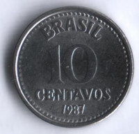 Монета 10 сентаво. 1987 год, Бразилия.