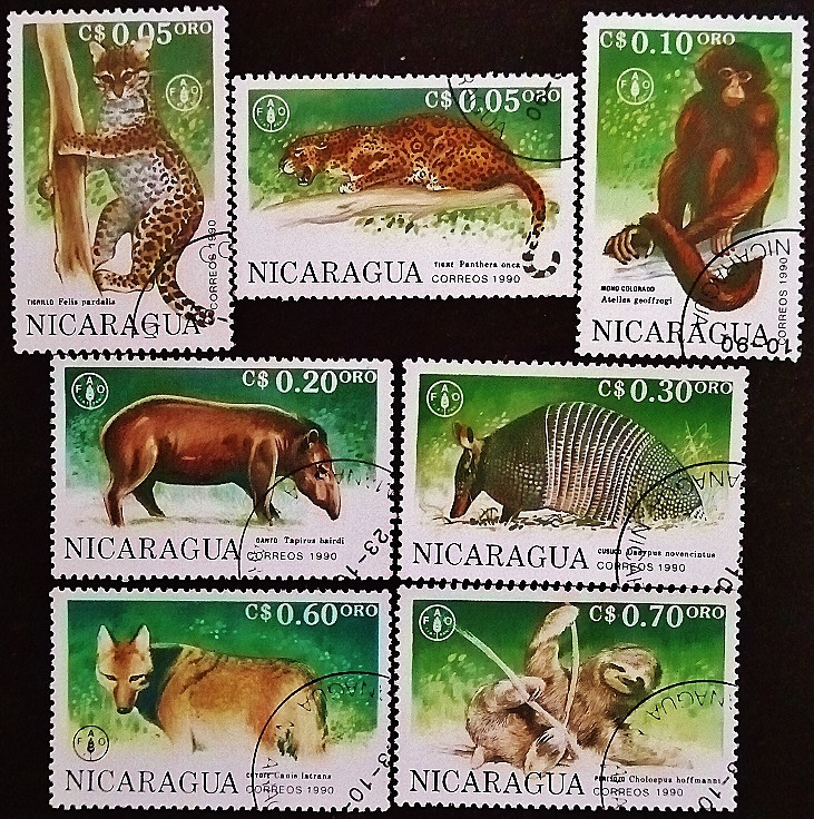 Набор почтовых марок (7 шт.). "45-летие FAO: животные". 1990 год, Никарагуа.