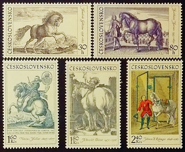 Набор почтовых марок (5 шт.). "Верховая езда на старых гравюрах". 1969 год, Чехословакия.