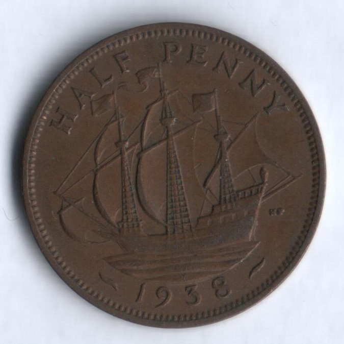 Монета 1/2 пенни. 1938 год, Великобритания.