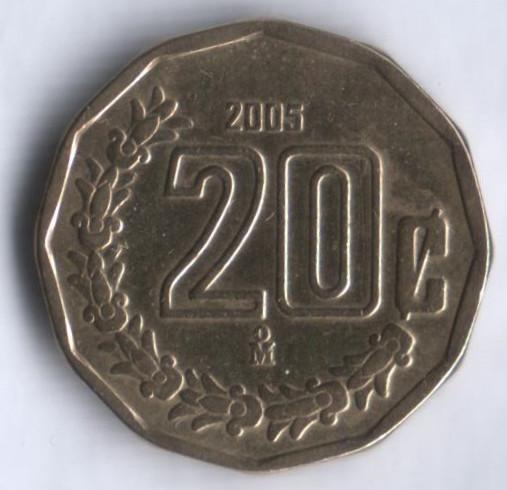 Монета 20 сентаво. 2005 год, Мексика.