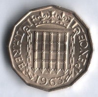 Монета 3 пенса. 1963 год, Великобритания.
