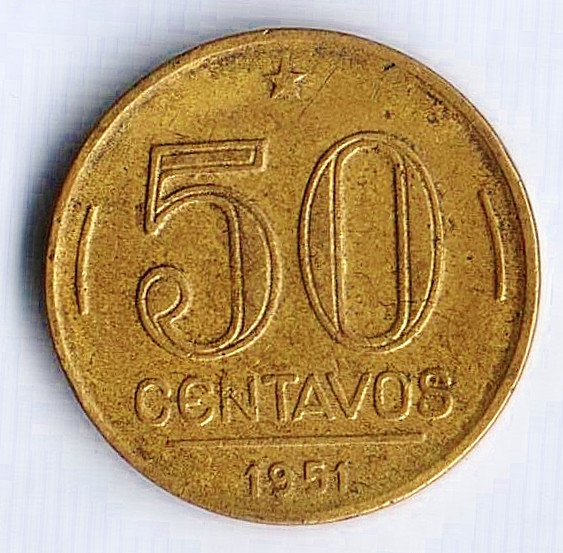 Монета 50 сентаво. 1951 год, Бразилия.