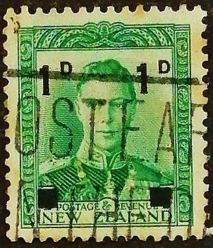 Почтовая марка (1 p.). "Король Георг VI". 1941 год, Новая Зеландия.