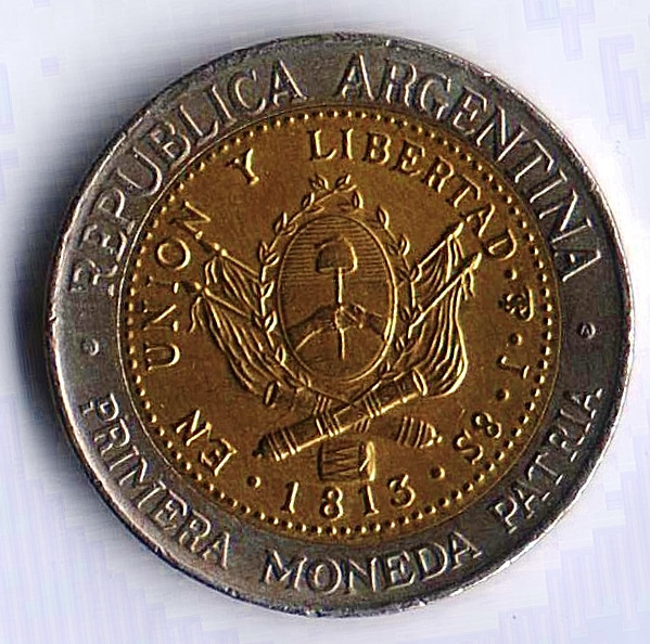 Монета 1 песо. 1996 год "A", Аргентина. Дизайн первой аргентинской монеты. Тип 1.