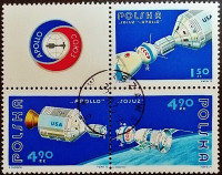 Набор почтовых марок (3 шт.). "Экспериментальный космический полет «Союз-Аполлон»". 1975 год, Польша. Набор почтовых марок (3 шт.). "Экспериментальный космический полет «Союз-Аполлон»". 1975 год, Польша.