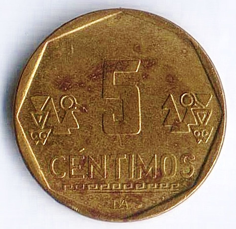 Монета 5 сентимо. 2007 год, Перу.