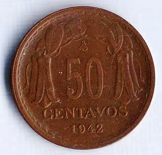 Монета 50 сентаво. 1942 год, Чили.