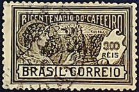 Почтовая марка (300 r.). "200 лет выращивания кофе в Бразилии". 1928 год, Бразилия.