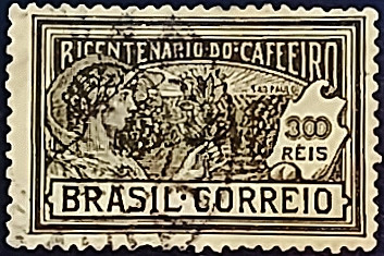Почтовая марка (300 r.). "200 лет выращивания кофе в Бразилии". 1928 год, Бразилия.