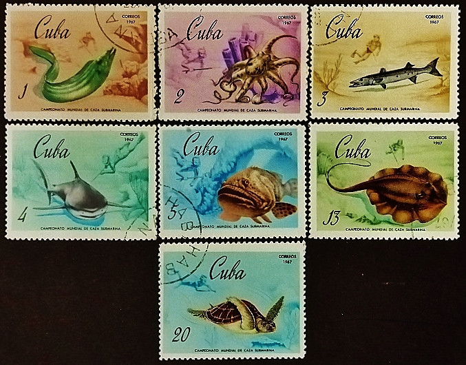 Набор почтовых марок (7 шт.). "Чемпионат мира по подводной охоте". 1967 год, Куба.