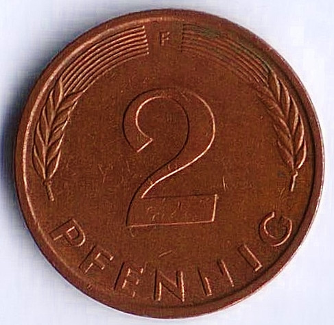 Монета 2 пфеннига. 1980(F) год, ФРГ.