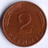 Монета 2 пфеннига. 1980(F) год, ФРГ.