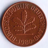 Монета 2 пфеннига. 1980(F) год, ФРГ.