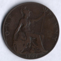Монета 1 пенни. 1907 год, Великобритания.